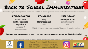 Back to school immunization schedule for kindergarten, 8th grade and 12th grade students in Missouri