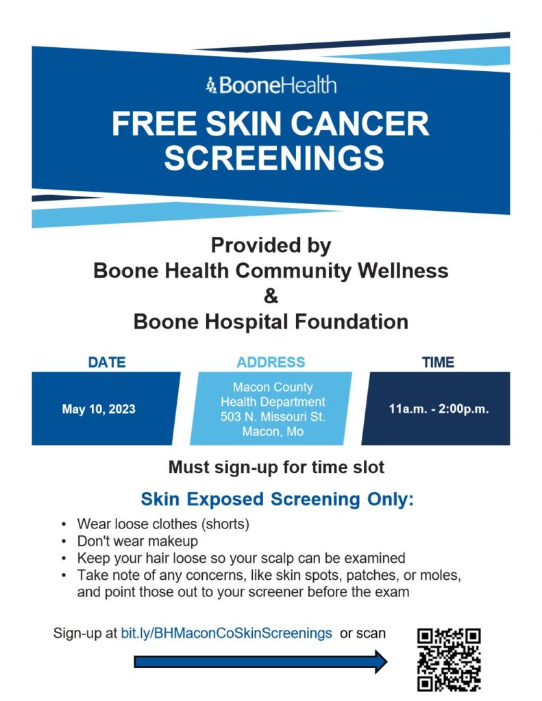Free skin cancer screenings on May 10th. Individuals must sign up for an appointment. 